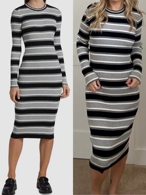 Theory Empire Wool Single Stripe Long Sleeve Maxi Dress